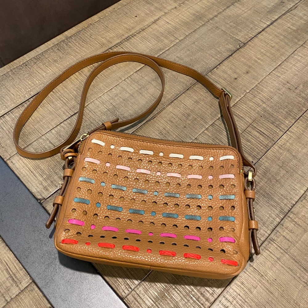 Fossil Piper Woven Leather Brown Crossbody Bag